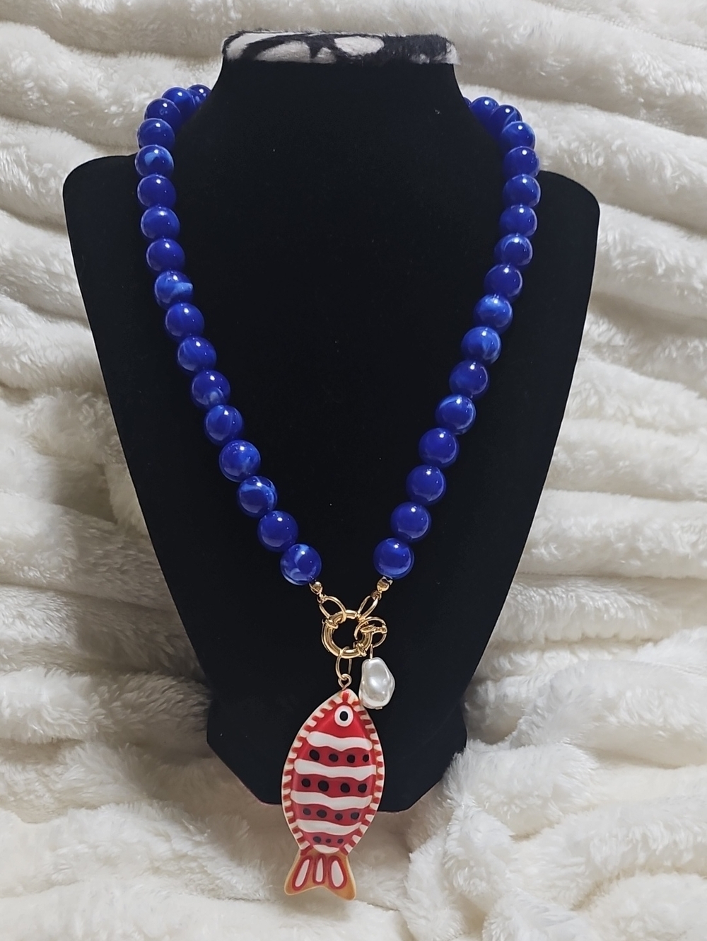 Handcrafted Blue Beaded Necklace/bag Chrm with Red Fish Pendant